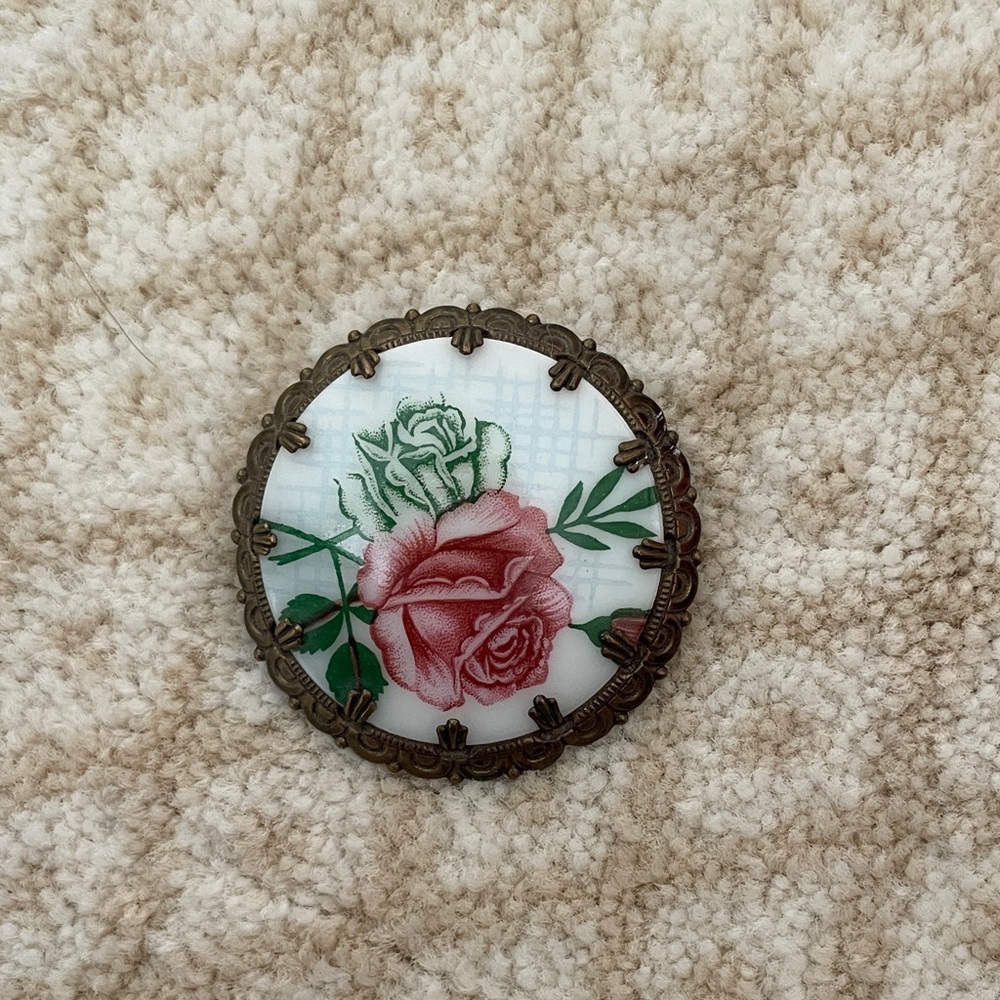 Vintage Floral Brooch with Pink Rose
